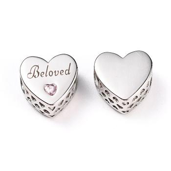 304 Stainless Steel European Beads, Large Hole Beads, with Rhinestone, Heart with Word Beloved, For Valentine's Day, Antique Silver, 11x11x6mm, Hole: 4mm