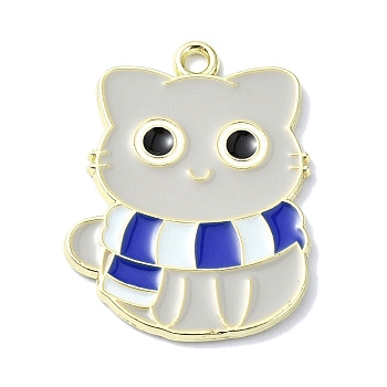 Alloy Enamel Pendants, Golden, Cat with Scarf Charm, Blue, 28x21.5x1.5mm, Hole: 2mm