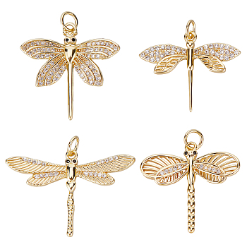 8Pcs 4 Styles Brass Micro Pave Cubic Zirconia Pendants, with Jump Ring, Long-Lasting Plated, Dragonfly, Real 18K Gold Plated, 20~24x23.5~30.5x2~3mm, 2pcs/style