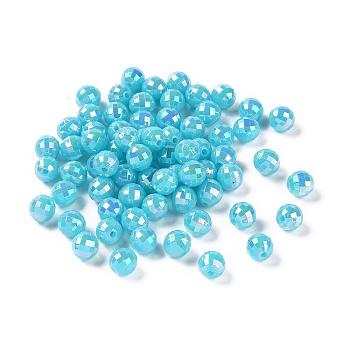 Plating Eco-Friendly Poly Styrene Acrylic Beads, AB Color, Faceted Round, Cyan, 8mm, Hole: 1mm, about 2000pcs/500g