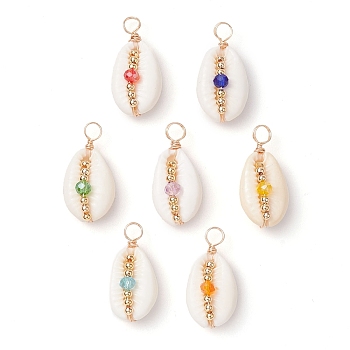 Natural Cowrie Shell Pendants, Faceted Glass & Brass Bead Copper Wire Wrapped Shell Shape Charms, Real 18K Gold Plated, Mixed Color, 26.5~27.5x13.3~14x10~11mm, Hole: 4~4.5mm