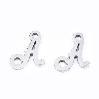 201 Stainless Steel Charms, Laser Cut, Alphabet, Stainless Steel Color, Letter.A, 10.5x8x1mm, Hole: 1.4mm
