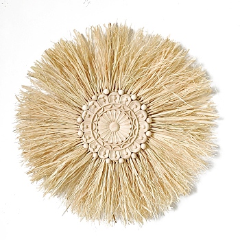 Raffia Woven Wall Decorations, Wooden Home Decorations, Flat Round, BurlyWood, 450mm