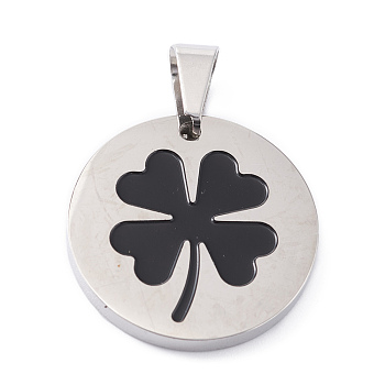 304 Stainless Steel Pendants, with Enamel, Polishing, Flat Round with Clover, Stainless Steel Color, 25x3mm, Hole: 7.5x5mm
