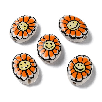 Handmade Porcelain Beads, Famille Rose Porcelain, Oval with Flower, Orange Red, 19x14~16x5~6mm, Hole: 1.2mm