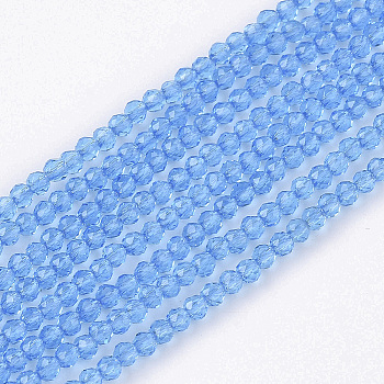 Electroplate Transparent Glass Beads Strands, Faceted, Round, Light Sky Blue, 2x2x2mm, Hole: 0.5mm, about 198pcs/Strand, 14.57 inch(37cm) 