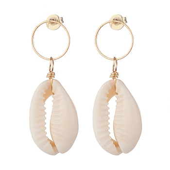 Ring with Natural Cowrie Shell Long Dangle Stud Earrings for Women, Golden, Seashell Color, 40mm, Pin: 0.5mm