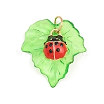 Transparent Resin with Alloy & Enamel Pendants, with Iron Rings, Leaf with Ladybug Charms, Green, Golden, 13x9.5x5mm & 25x23.5x1.5mm, Hole: 4.5mm(RE-CBA19D0-05A)
