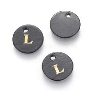 Freshwater Shell Charms, with Gold Blocking Letter, Dyed, Flat Round, Black, Letter.L, 11x1.5mm, Hole: 1.5mm(SHEL-S253-16L)