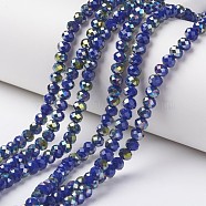 Electroplate Opaque Glass Beads Strands, Half Green Plated, Faceted, Rondelle, Medium Blue, 4x3mm, Hole: 0.4mm, about 130pcs/strand, 16.54 inch(42cm)(EGLA-A034-P4mm-S04)