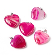 Natural Agate Pendants, with Platinum Tone Brass Findings, Heart Charm, Dyed & Heated, Deep Pink, 27~28x25x7mm, Hole: 7x4mm(G-G956-B64-FF)