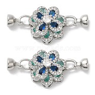 Brass Micro Pave Clear Cubic Zirconia Fold Over Clasps, with Colorful Glass, Cadmium Free & Lead Free,  Flower, Platinum, Flower: 21x21x1.5mm, Clasp: 15x7x7mm, Inner Diameter: 5.5mm(KK-E084-33P)