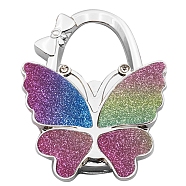 Glitter Butterfly Zinc Alloy Crystal Rhinestone Bag Hanger, Foldable Purse Hooks with Leather, Colorful, 70x49x10mm(BAGH-F001-A05)