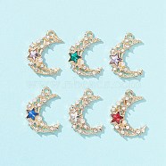 6Pcs 6 Colors Acrylic Rhinestone Pendants, with Alloy and Plastic Imitation Pearl Beads, Moon with Star, Golden, Mixed Color, 20x15x3mm, Hole: 1.5mm, 1pc/color(FIND-FS0001-39)