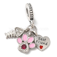 Rack Plating Alloy Crystal Rhinestone European Dangle Charms, Large Hole Heart & Fish Bone & Paw Print Pendants with Enamel, Cadmium Free & Nickel Free & Lead Free, Platinum, Pearl Pink, 29mm, Hole: 5mm(PALLOY-S189-22P)