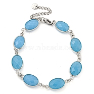 Oval Faceted Glass Link Chain Bracelets, Brass Jewelry for Women, Deep Sky Blue, Platinum, 7-1/8 inch(18.2cm)(BJEW-C059-01B-P)