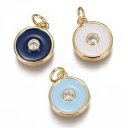 Brass Micro Pave Clear Cubic Zirconia Charms, Long-Lasting Plated, with Enamel & Jump Rings, Flat Round, Real 18K Gold Plated, Mixed Color, 13.2x11x2.7mm, Hole: 3mm, Jump Ring: 5x0.8mm(ZIRC-B002-32G)