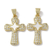 Brass Micro Pave Cubic Zirconia Pendants, with Shell, Cross, Real 18K Gold Plated, 23.5x15x2.5mm, Hole: 3.5x5mm(KK-G485-29B-G)