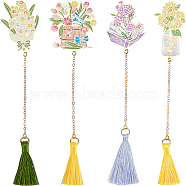 4Pcs 4 Styles Brass Bookmarks, Flower Bookmark with Tassel Pendant, Mixed Color, 145~152mm, 1pc/style(AJEW-GF0008-38)