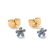 Rhinestone Flower Stud Earrings with 316L Surgical Stainless Steel Pins, Gold Plated 304 Stainless Steel Jewelry for Women, Light Sapphire, 5x5mm, Pin: 0.7mm(EJEW-P204-03G-03)