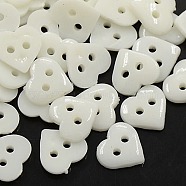 Acrylic Sewing Buttons for Costume Design, Heart Buttons, 2-Hole, Dyed, White, 10x10x2mm, Hole: 1mm(X-BUTT-E085-C-01)