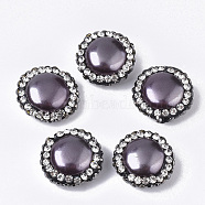 Shell Pearl Beads, with Polymer Clay Jet & Crystal Rhinestone, Flat Round, Purple, 15~15.5x7~7.5mm, Hole: 0.9~1mm(X-PEAR-T004-03A)