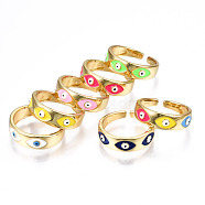 Brass Enamel Cuff Rings, Open Rings, Nickel Free, Evil Eye, Golden, Mixed Color, US Size 6 3/4(17.1mm)(RJEW-T018-05G-NF)