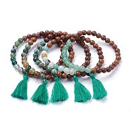 Natural African Turquoise(Jasper) Stretch Charm Bracelets, with Indian Agate and Tassels, 2-3/8 inch(59mm), 5Strand/set(BJEW-JB03415)