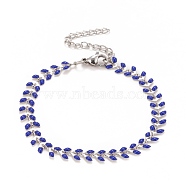Enamel Wheat Link Chains Bracelet, 304 Stainless Steel Jewelry for Women, Stainless Steel Color, Medium Blue, 6-7/8 inch(17.5cm)(BJEW-P271-02P-06)