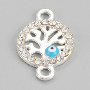 Alloy Rhinestone Links connectors, Cadmium Free & Lead Free, Flat Round with Evil Eye, Sky Blue, Silver Color Plated, 21x14x2mm, Hole: 2mm(ALRI-S170-03S)
