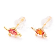 Cute Light Gold Plated Brass Stud Earrings, with Cubic Zirconia and Ear Nuts, Dinosaur, Orange Red, 5x10mm, Pin: 0.7mm(EJEW-H106-02H)