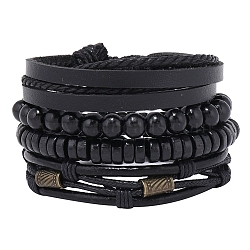 4Pcs 4 Style Adjustable Braided Imitation Leather Cord Bracelets Set, Wood & Alloy Beaded Stretch Bracelets for Men, Black, Inner Diameter: 2~3-1/8 inch(5.1~8cm), 1Pc/style(BJEW-F458-07)