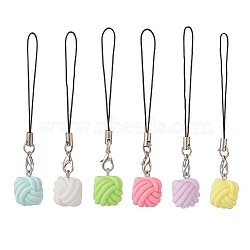 Square Yarn Ball Opaque Resin Mobile Strap, with Cord Loop, Alloy Lobster Claw Clasps, Mixed Color, 9.1cm, 6pcs/set(HJEW-JM00837)