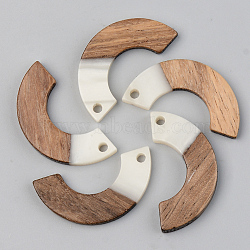 Opaque Resin & Walnut Wood Pendants, Arc, Floral White, 28x14x3mm, Hole: 2mm(RESI-S389-007A-C04)