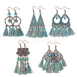 FIBLOOM 5 Pairs 5 Styles Rhombus & Triangle & Flower Alloy Chandelier Earrings, Bohemian Tassel Earrings for Women, Mixed Color, No Size, 1 Pair/style(EJEW-FI0002-87)