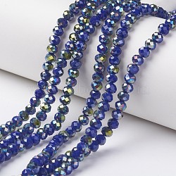 Electroplate Opaque Glass Beads Strands, Half Green Plated, Faceted, Rondelle, Medium Blue, 4x3mm, Hole: 0.4mm, about 113~115pcs/strand, 41~42cm(EGLA-A034-P4mm-S04)