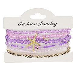 Bohemian Style Round Glass & Plastic Beads Stretch Bracelets & Starfish & Star Zinc Alloy Charm Bracelets Set for Women, Golden, Medium Orchid, Inner Diameter: 2.36 inch(6cm), about 6pcs/set(FS-WG8BA5D-01)