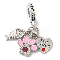 Rack Plating Alloy Crystal Rhinestone European Dangle Charms, Large Hole Heart & Fish Bone & Paw Print Pendants with Enamel, Cadmium Free & Nickel Free & Lead Free, Platinum, Pearl Pink, 29mm, Hole: 5mm(PALLOY-S189-22P)