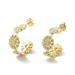 Ion Plating(IP) Sunflower 304 Stainless Steel Stud Earrings, Half Hoop Earrings, Real 14K Gold Plated, 23x10mm(X-EJEW-P258-20G)