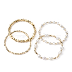 4Pcs 4 Style Natural Pearl & Brass Beaded Stretch Bracelets Set for Women, Golden, Inner Diameter: 2-3/8 inch(6.05cm), 1Pc/style(BJEW-JB09662-01)