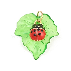 Transparent Resin with Alloy & Enamel Pendants, with Iron Rings, Leaf with Ladybug Charms, Green, Golden, 13x9.5x5mm & 25x23.5x1.5mm, Hole: 4.5mm(RE-CBA19D0-05A)