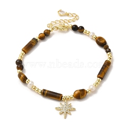 Brass Star Charm Bracelet, Natural Pearl & Tiger Eye Beaded Bracelet, Real 14K Gold Plated, 6-7/8 inch(17.4cm)(BJEW-C051-43G)