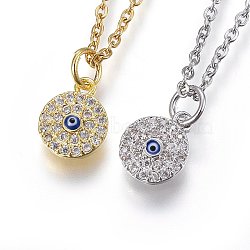304 Stainless Steel Pendant Necklaces, with Cubic Zirconia and Enamel, Flat Round, Clear, Mixed Color, 17.71 inch(45cm)(NJEW-L146-09)