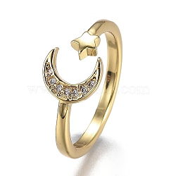 Adjustable Brass Micro Pave Clear Cubic Zirconia Cuff Rings, Open Rings, Long-Lasting Plated, Moon & Star, Real 18K Gold Plated, Inner Diameter: 15.2mm(ZIRC-Z002-09G)