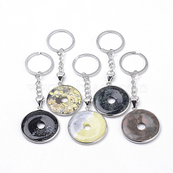 Synthetic & Natural Mixed Stone Keychain, with Iron Findings, Donut/Disc, Platinum, 104~107mm(KEYC-S252-05)