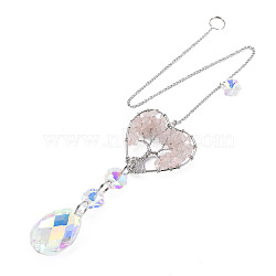 Natural Rose Quartz Big Pendants, with Platinum Brass Chain Extender and Findings, Plating Glass Teardrop & Flower, Clear AB Color, Heart with Tree of Life, 130mm, Hole: 4mm(X-G-N333-008C)