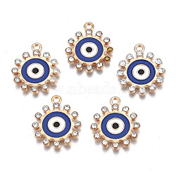 Alloy Enamel Pendants, with Crystal Rhinestone, Light Gold, Cadmium Free & Lead Free, Flower with Evil Eye, Dark Blue, 19x16x2mm, Hole: 1.6mm(PALLOY-N153-52)