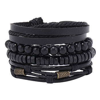 4Pcs 4 Style Adjustable Braided Imitation Leather Cord Bracelets Set, Wood & Alloy Beaded Stretch Bracelets for Men, Black, Inner Diameter: 2~3-1/8 inch(5.1~8cm), 1Pc/style