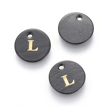 Freshwater Shell Charms, with Gold Blocking Letter, Dyed, Flat Round, Black, Letter.L, 11x1.5mm, Hole: 1.5mm