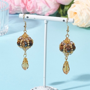Natural Tiger Eye Dangle Earrings, with Glass Beads, Lantern, Golden, 64~65x18~19mm